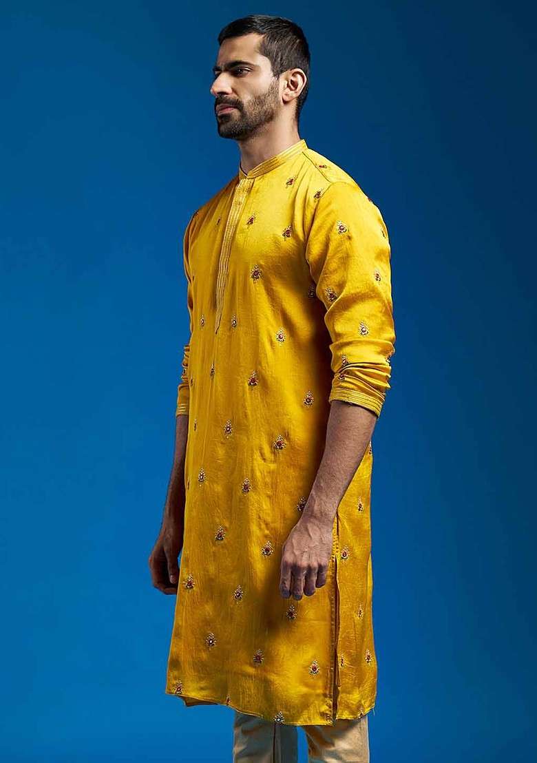 Mustard Floral Print Poly Blend Kurta For Men - Indya