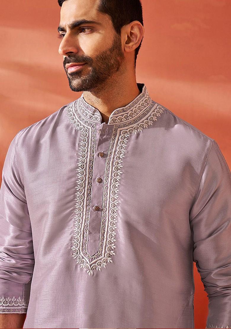 Purple Ethnic Motifs Poly Blend Kurta For Men