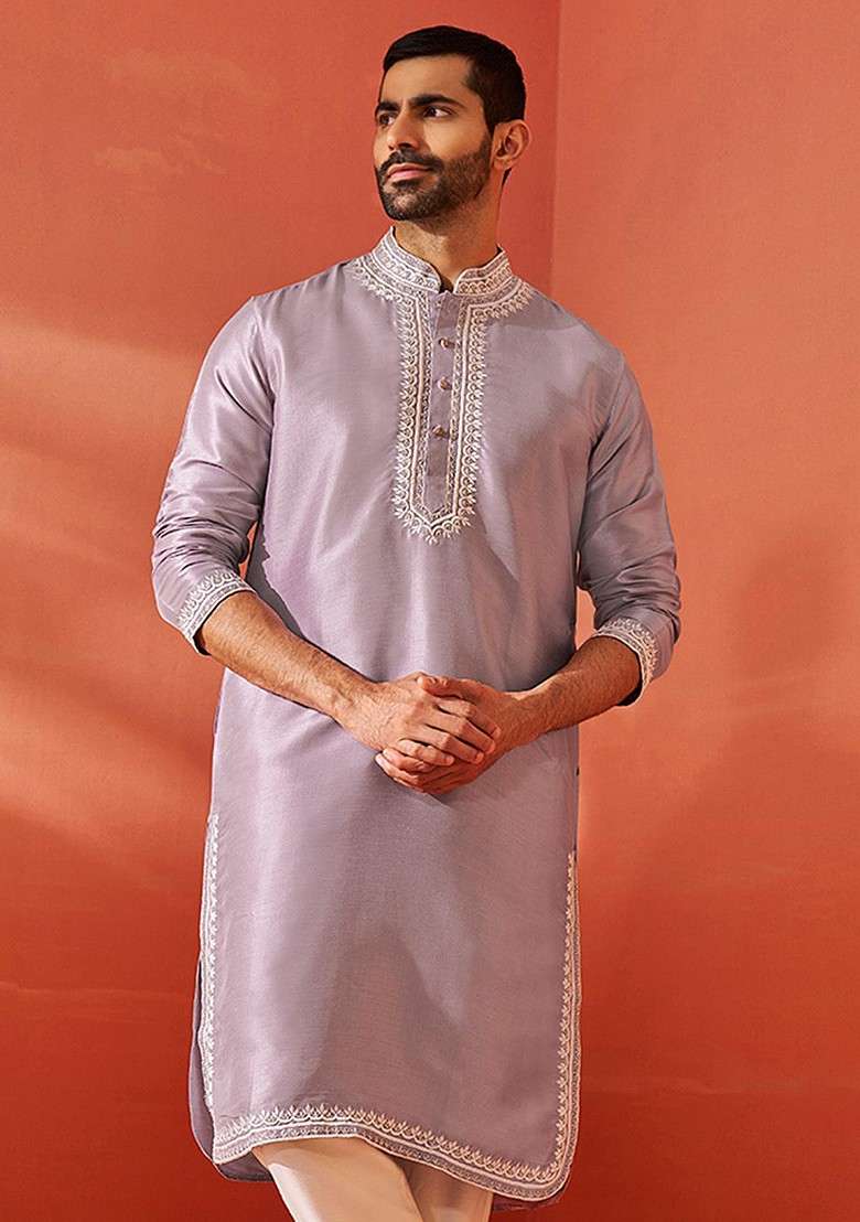 Purple Ethnic Motifs Poly Blend Kurta For Men - Indya