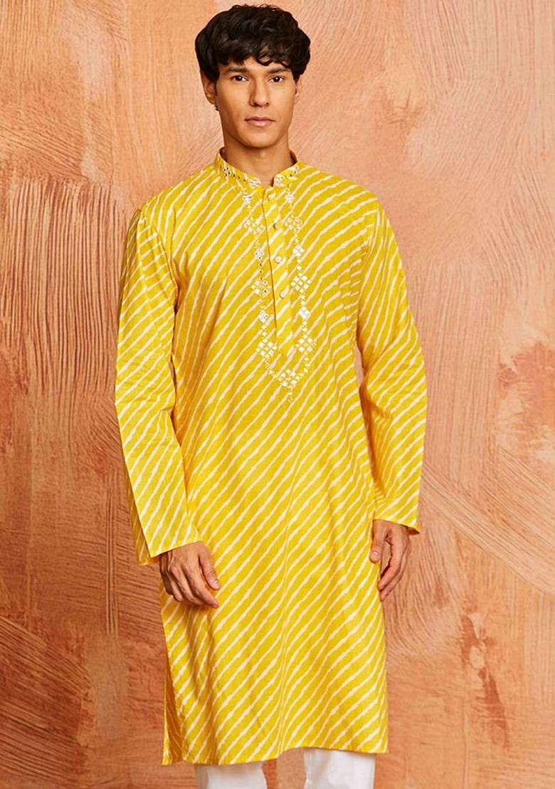 Yellow Printed Cotton Kurta For Men - Indya