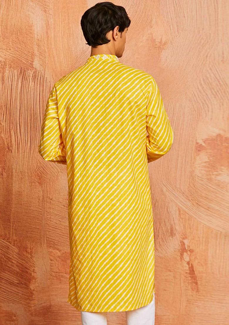 Yellow Printed Cotton Kurta For Men
