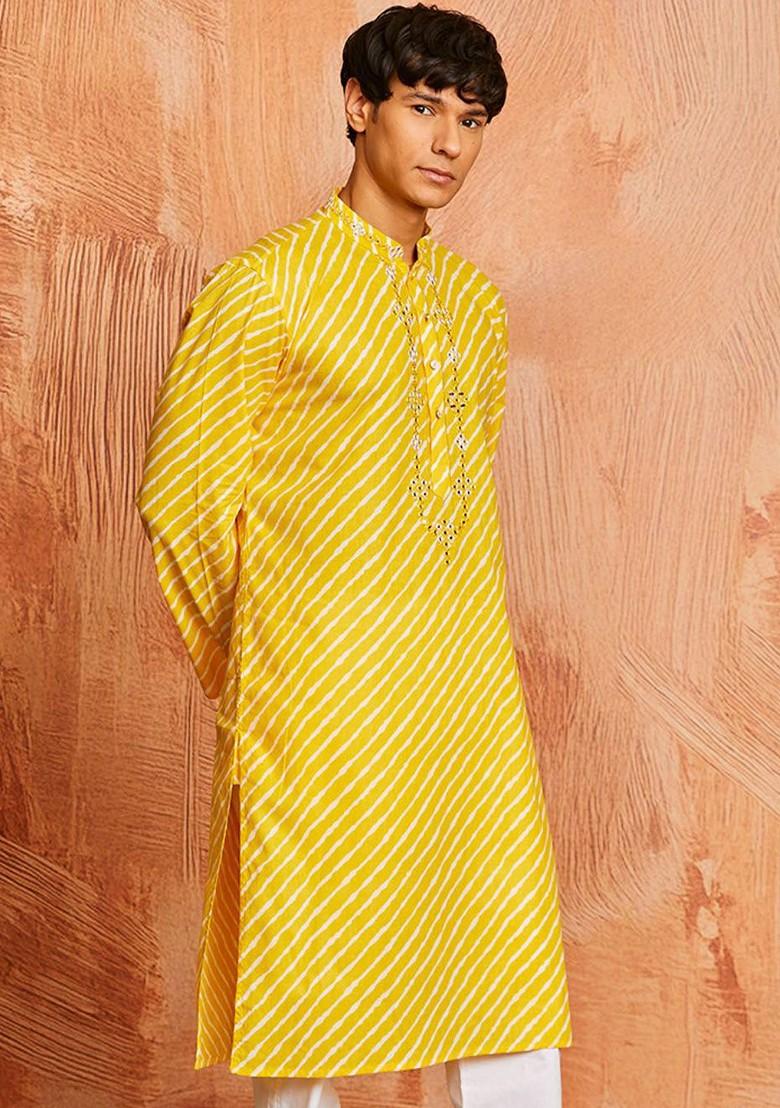 Yellow Printed Cotton Kurta For Men