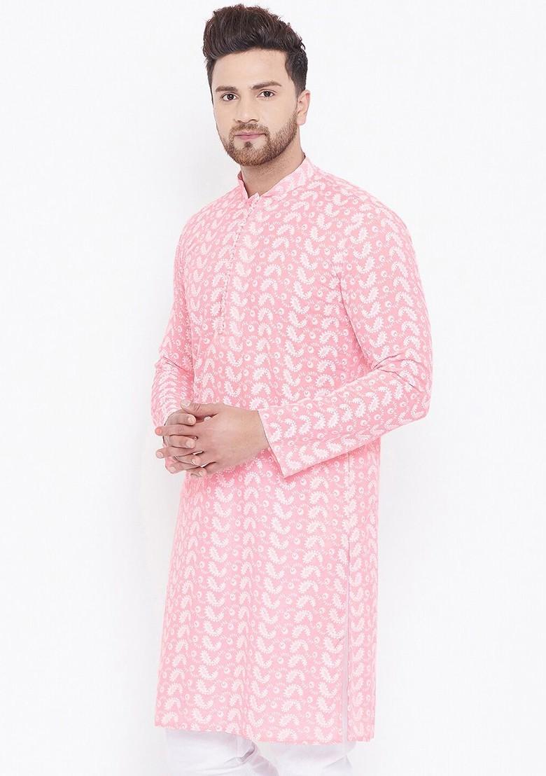 Pink Ethnic Motifs Cotton Kurta For Men