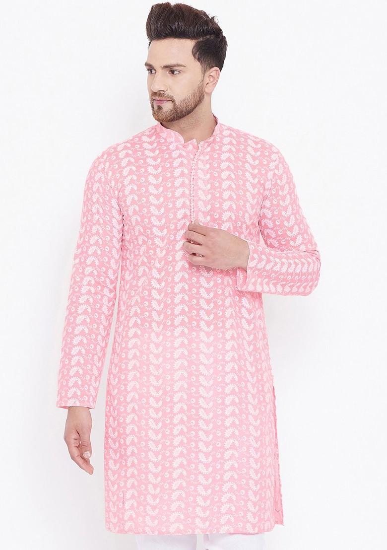 Pink Ethnic Motifs Cotton Kurta For Men