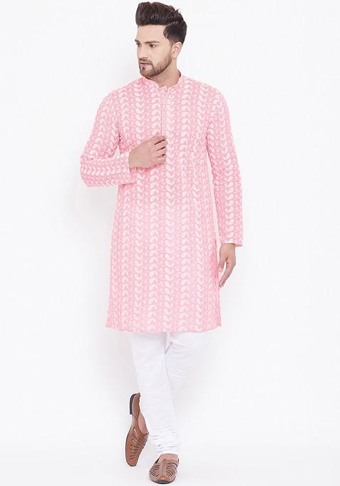 Pink Ethnic Motifs Cotton Kurta For Men