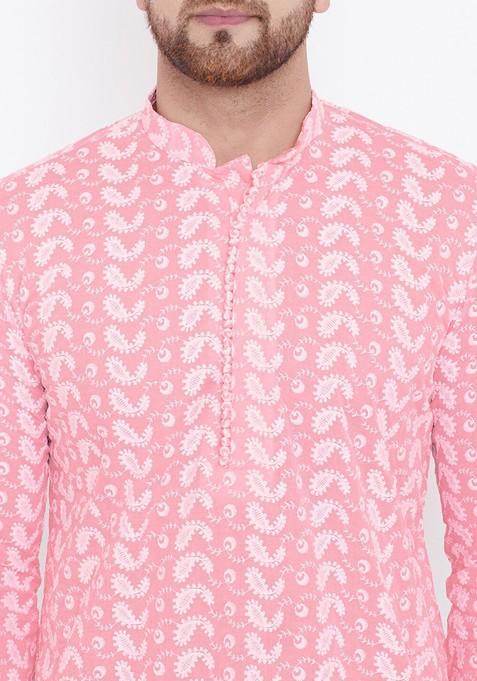 Pink Ethnic Motifs Cotton Kurta For Men