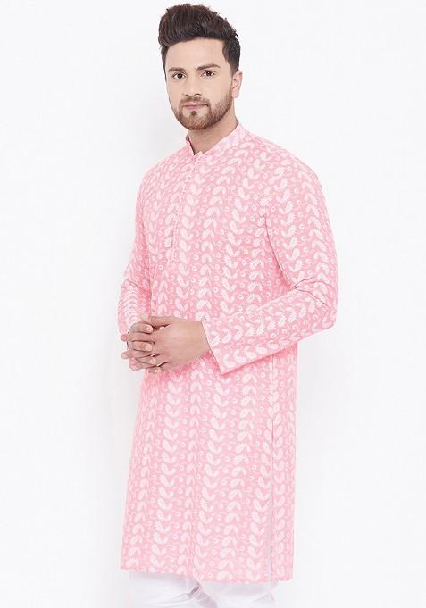 Pink Ethnic Motifs Cotton Kurta For Men