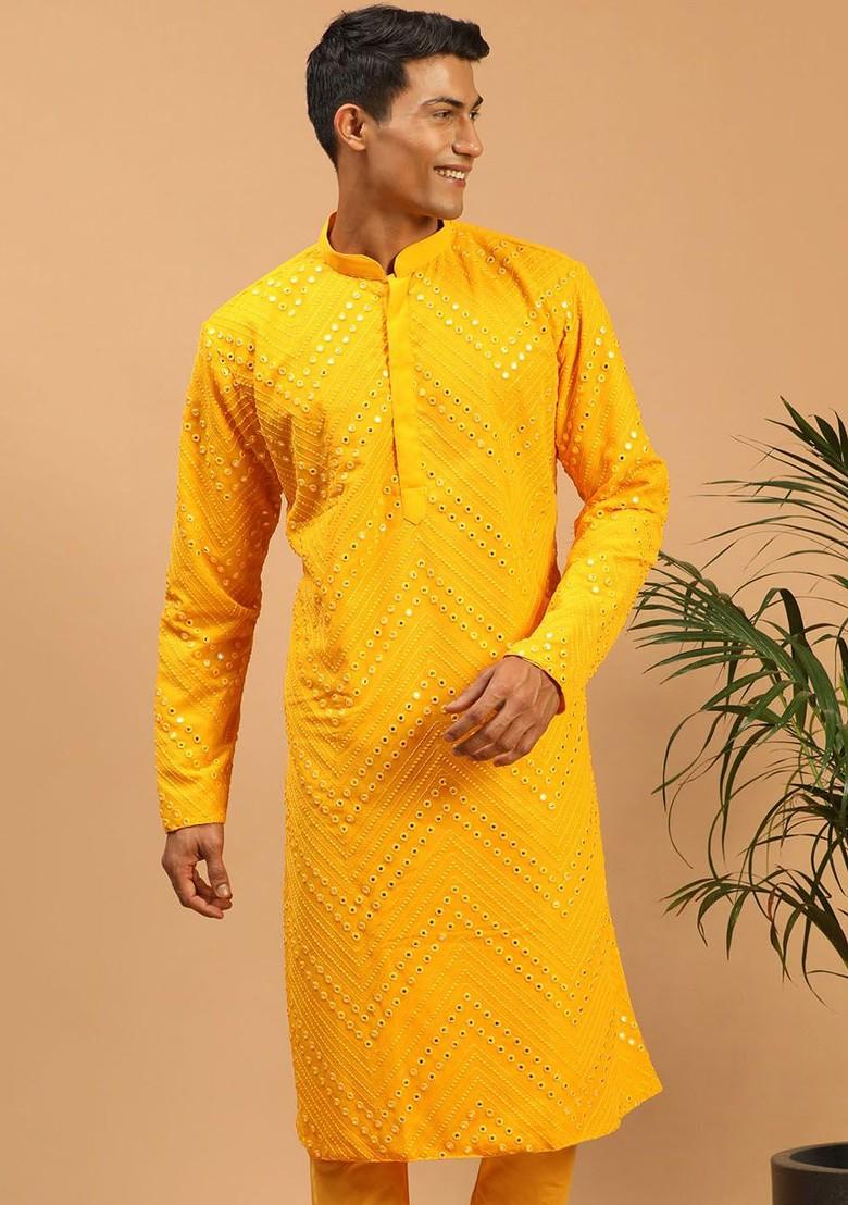Yellow Solid Georgette Kurta For Men