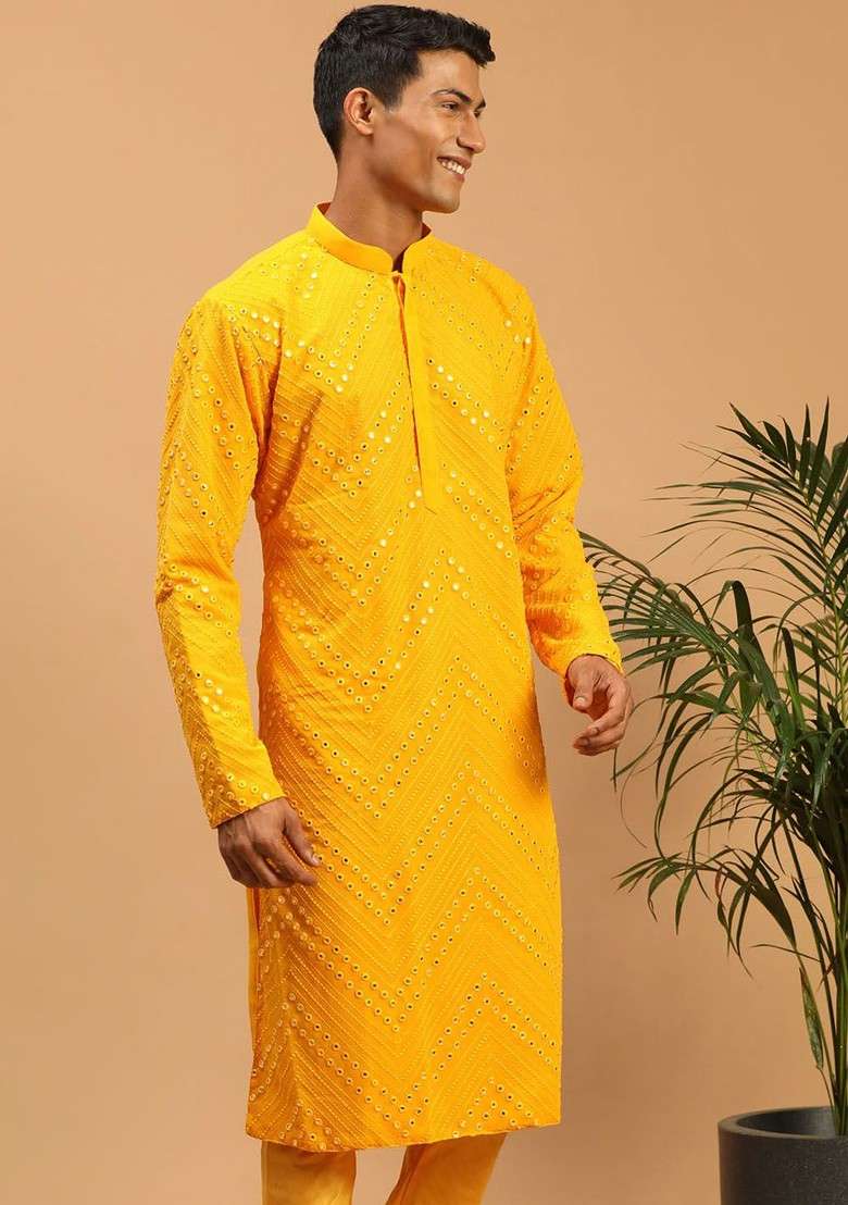 Yellow Solid Georgette Kurta For Men - Indya