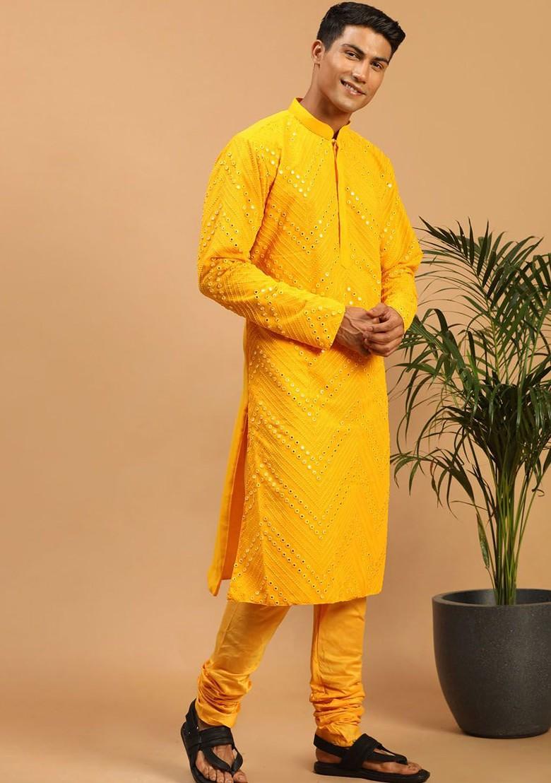 Yellow Solid Georgette Kurta For Men