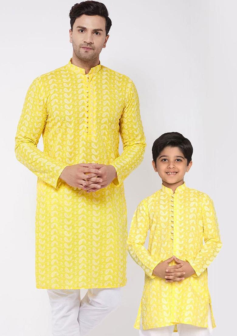 Yellow Ethnic Motifs Cotton Kurta For Men