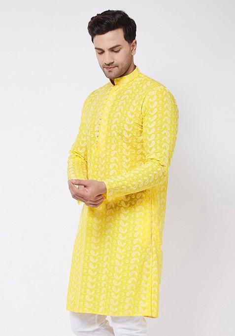 Yellow Ethnic Motifs Cotton Kurta For Men