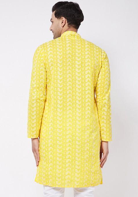Yellow Ethnic Motifs Cotton Kurta For Men