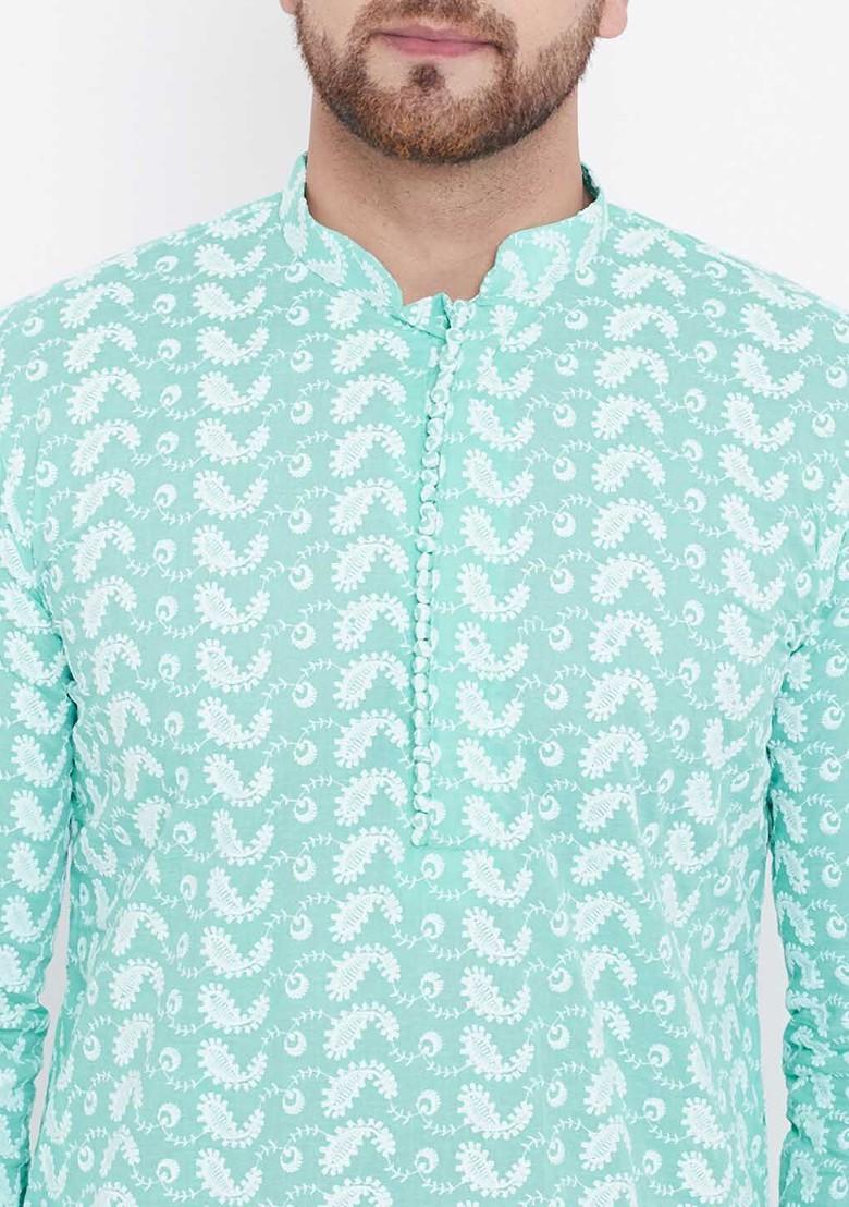 Turquoise Blue Embroidered Cotton Kurta For Men