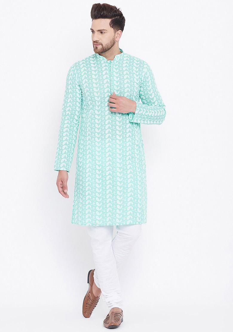Turquoise Blue Embroidered Cotton Kurta For Men