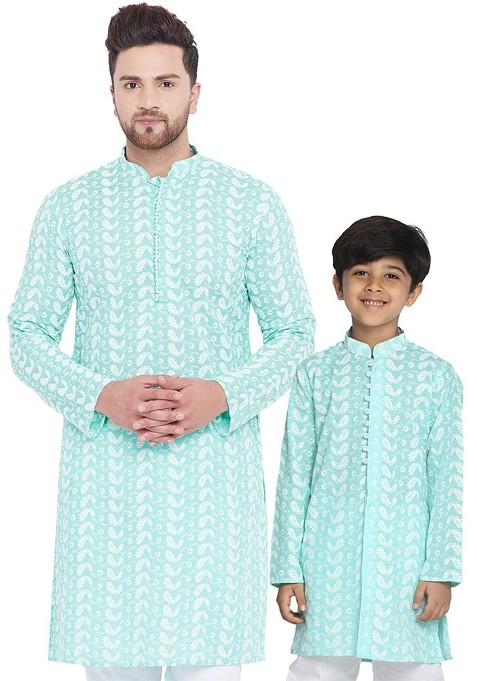 Turquoise Blue Embroidered Cotton Kurta For Men — view on Indya