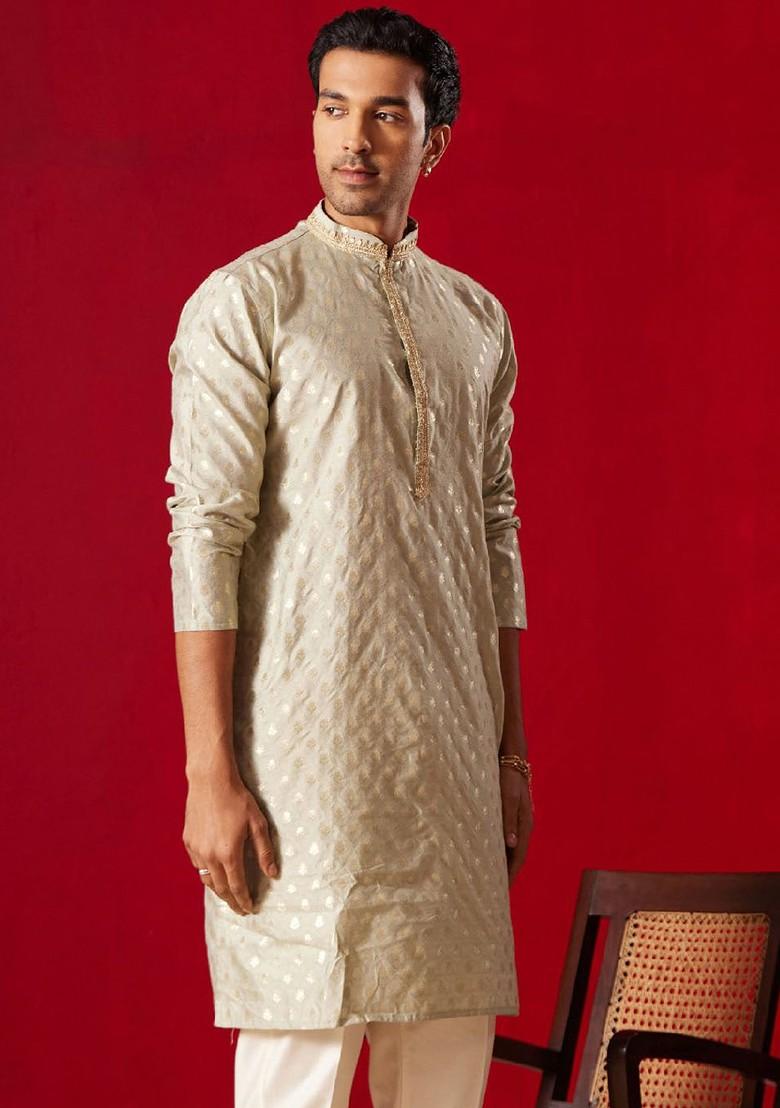 Green Ethnic Motifs Jacquard Kurta For Men