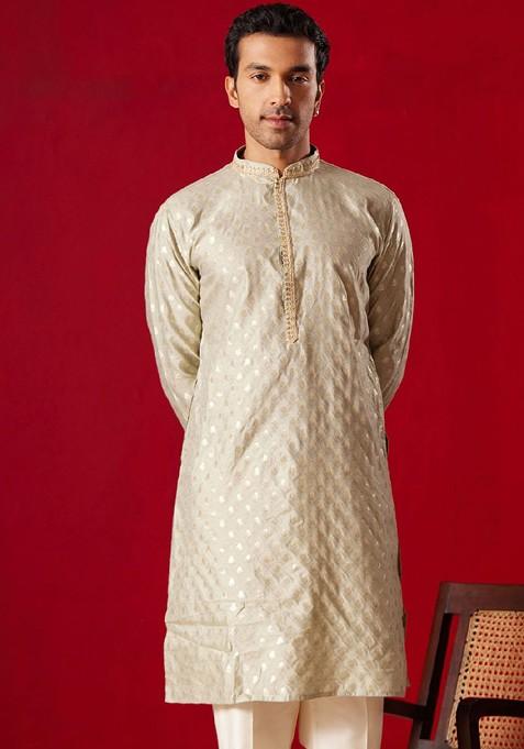 Green Ethnic Motifs Jacquard Kurta For Men