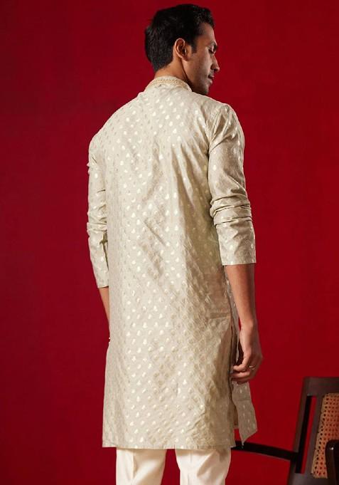 Green Ethnic Motifs Jacquard Kurta For Men