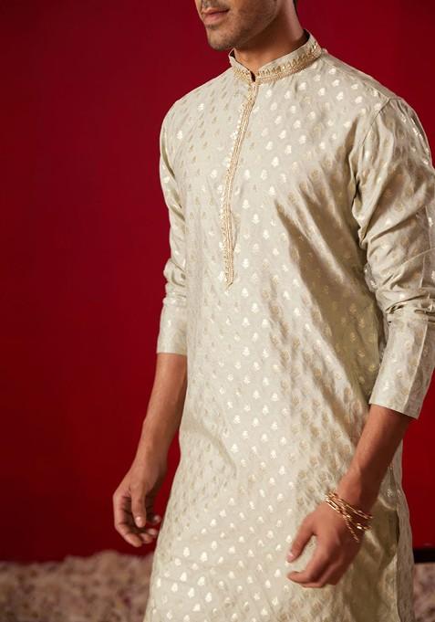 Green Ethnic Motifs Jacquard Kurta For Men