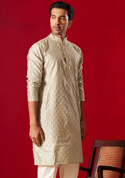 Green Ethnic Motifs Jacquard Kurta For Men