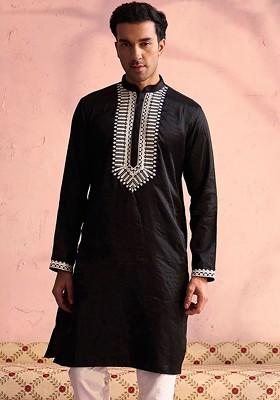 Black Embroidered Poly Blend Kurta For Men