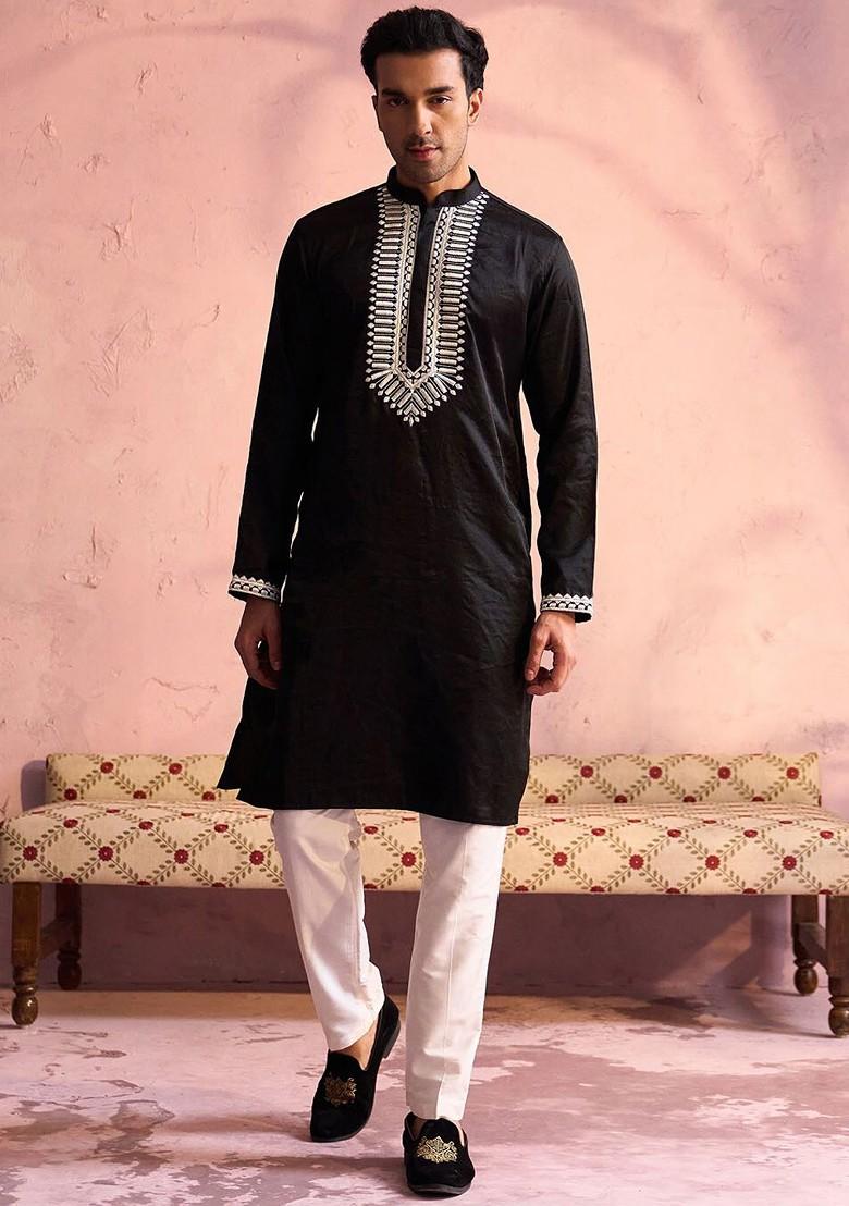 Black Embroidered Poly Blend Kurta For Men