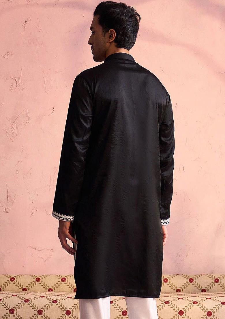 Black Embroidered Poly Blend Kurta For Men