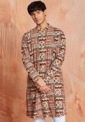Beige Ethnic Motifs Cotton Kurta For Men