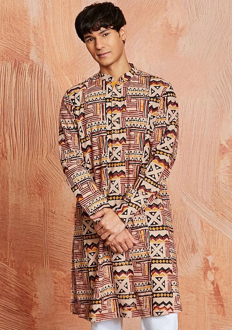Beige Ethnic Motifs Cotton Kurta For Men