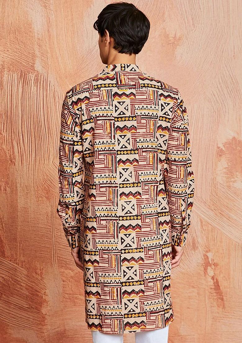 Beige Ethnic Motifs Cotton Kurta For Men
