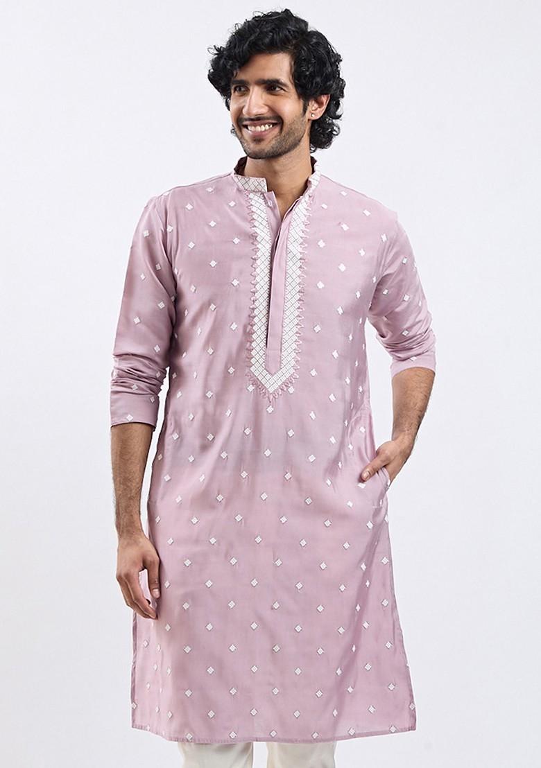 Pink Embroidered Poly Blend Kurta For Men