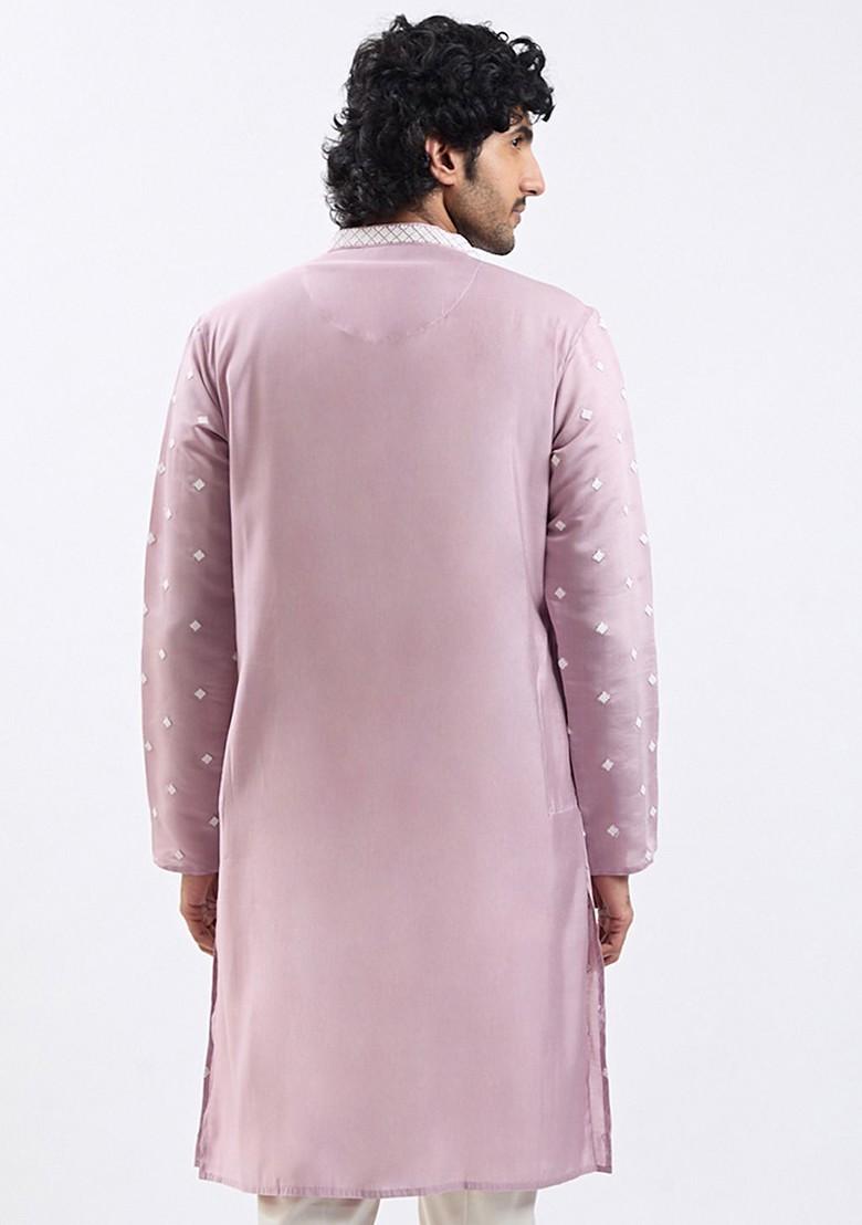 Pink Embroidered Poly Blend Kurta For Men