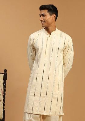 Cream Mirror Work Poly Blend Kurta For Men