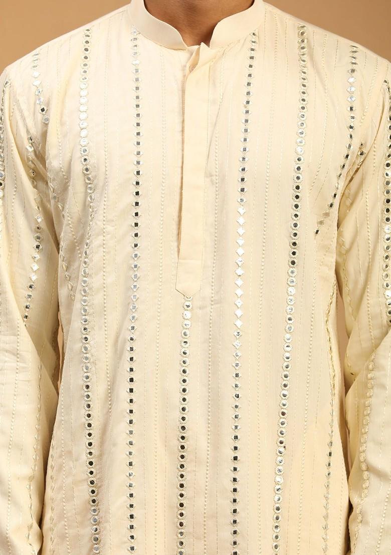 Cream Mirror Work Poly Blend Kurta For Men