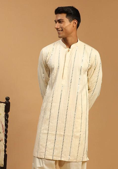 Cream Mirror Work Poly Blend Kurta For Men — view on Indya