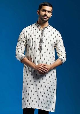 White Ethnic Motifs Poly Blend Kurta For Men