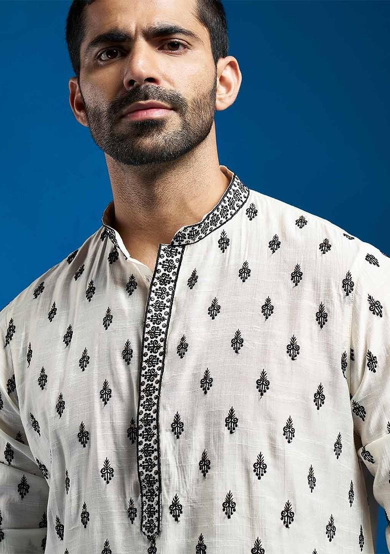 White Ethnic Motifs Poly Blend Kurta For Men