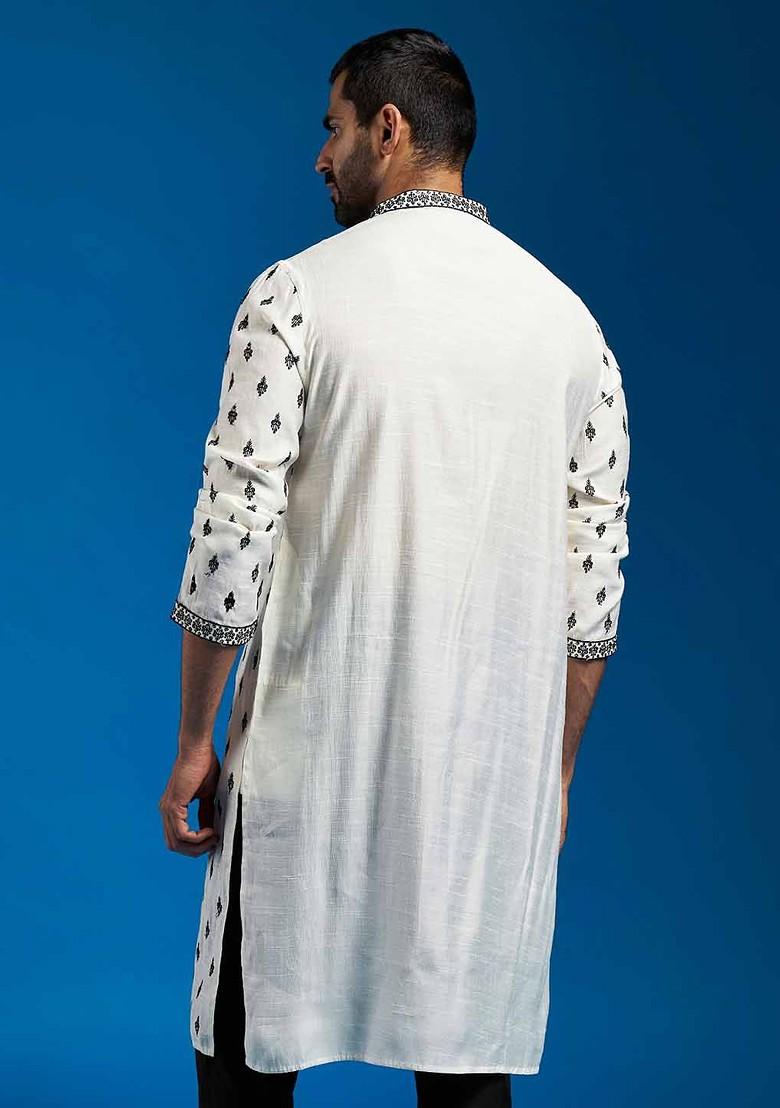 White Ethnic Motifs Poly Blend Kurta For Men