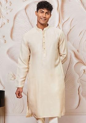 Cream Solid Poly Blend Kurta For Men