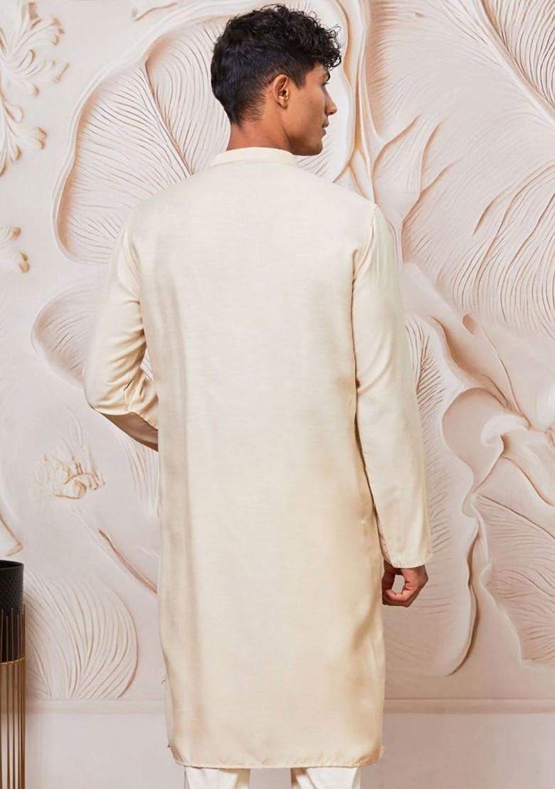 Cream Solid Poly Blend Kurta For Men
