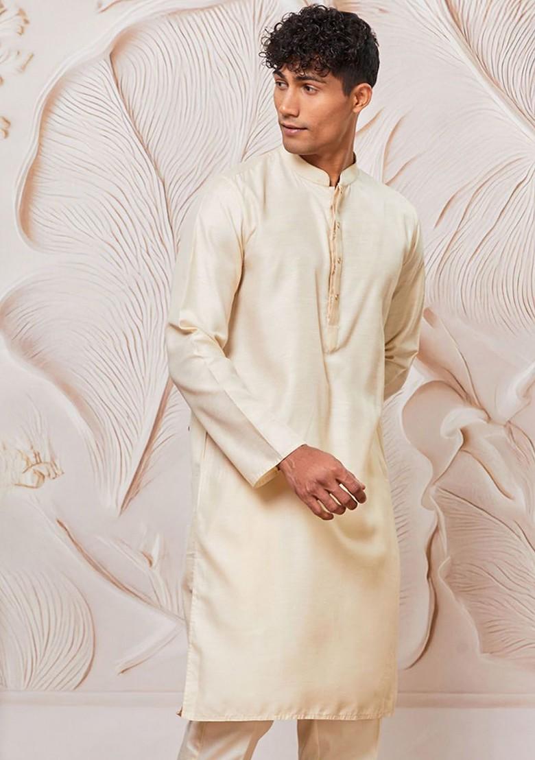 Cream Solid Poly Blend Kurta For Men