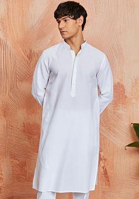 White Geometric Print Jacquard Kurta For Men