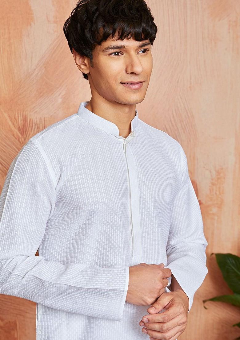 White Geometric Print Jacquard Kurta For Men