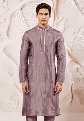 Lavender Sequin Work Silk Kurta For Men