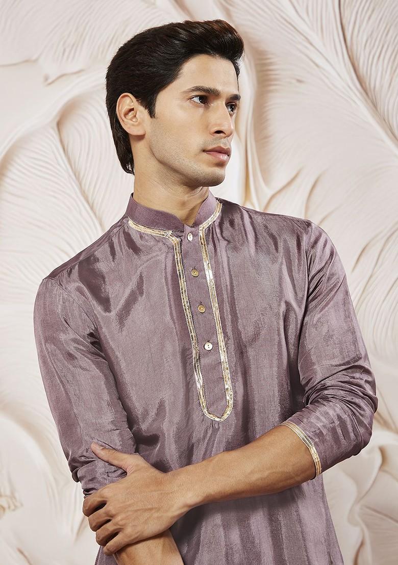 Lavender Sequin Work Silk Kurta For Men