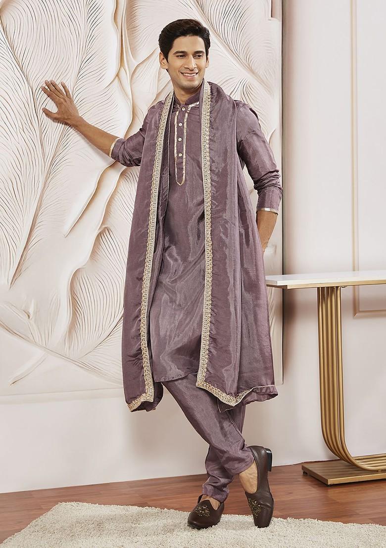 Lavender Sequin Work Silk Kurta For Men