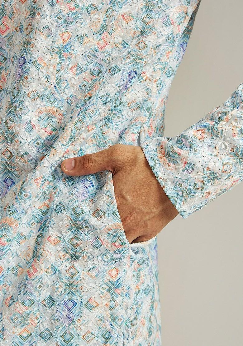 Blue Geometric Print Poly Blend Kurta For Men