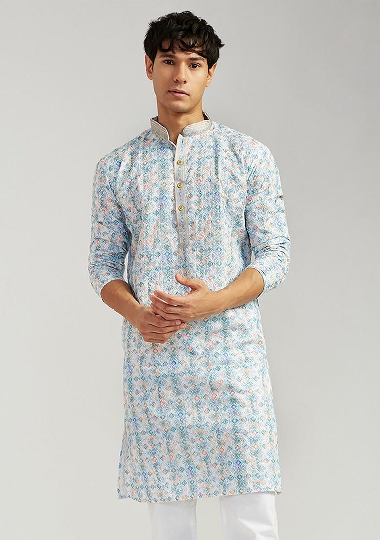 Blue Geometric Print Poly Blend Kurta For Men