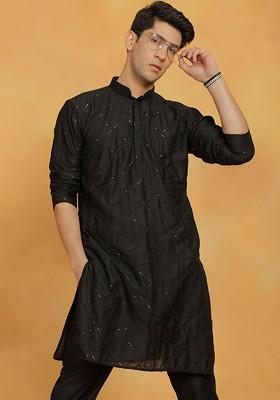 Black Floral Print Poly Blend Kurta For Men